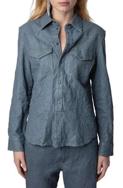 Shop Zadig & Voltaire Thelma Cuir Froisse Leather Shirt In Light Blue