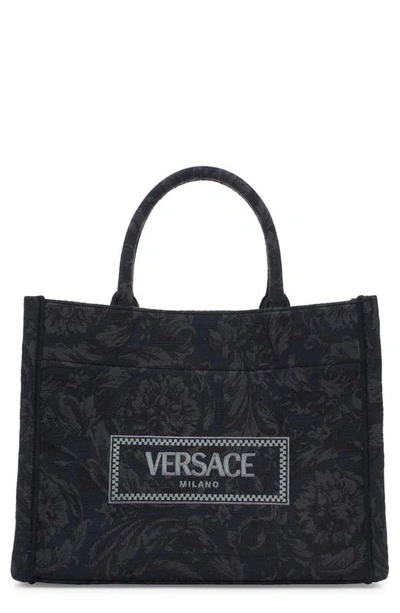 Shop Versace Medium Jacquard Canvas Tote In Black/ -gold