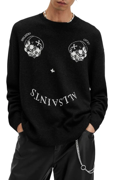 Shop Allsaints Smile Saints Wool Blend Sweater In Cinder Black/ Ecru