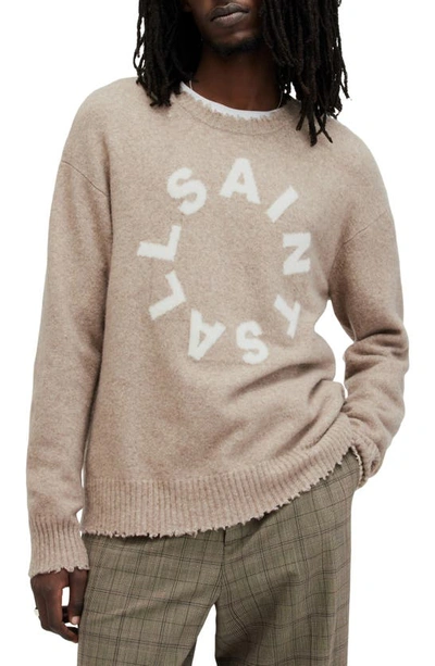 Shop Allsaints Tiago Relaxed Fit Distressed Logo Intarsia Sweater In Taupe Marl