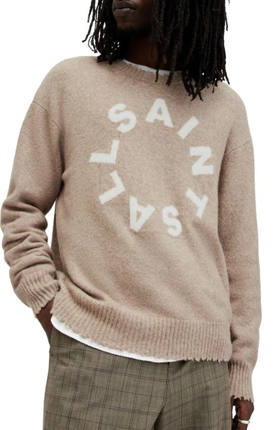 Shop Allsaints Tiago Relaxed Fit Distressed Logo Intarsia Sweater In Taupe Marl