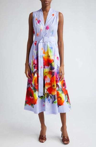 Shop Lela Rose Margot Watercolor Floral Print Belted Shirtdress In Periwinkle Multi