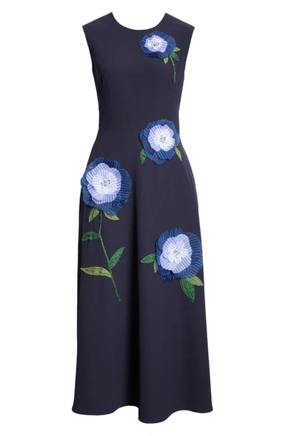 Shop Lela Rose 3d Floral Appliqué Sleeveless Midi Dress In Navy