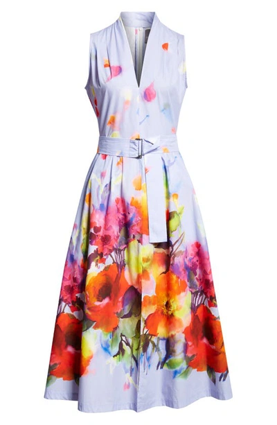 Shop Lela Rose Margot Watercolor Floral Print Belted Shirtdress In Periwinkle Multi