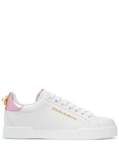 Shop Dolce & Gabbana 'portofino' White Sneakers With Branded Pearl Detail And Laminated Heel Tab In Leather Woman