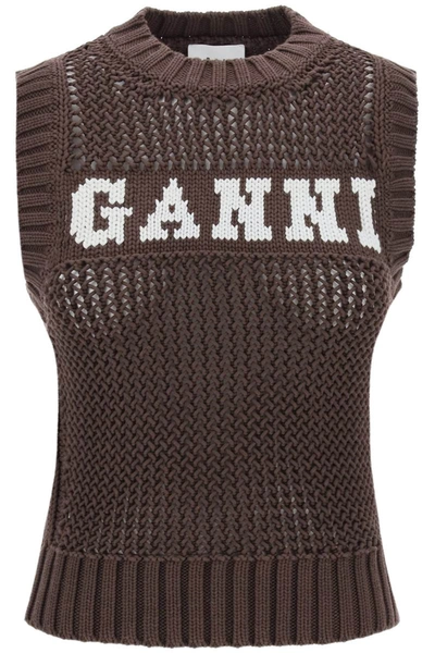 Shop Ganni Open-stitch Knitted Vest With Logo In Brown