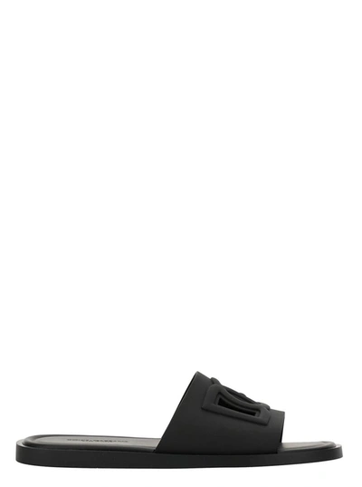 Shop Dolce & Gabbana Black Sandals With Logo Detail In Rubber Man