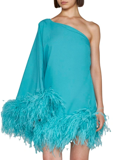 Shop Taller Marmo Piccolo Ubud One-shoulder Feather-trimmed Crepe Mini Dress In Clear Blue