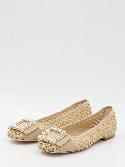 Roger Vivier Tres Vivier Raffia Strass Ballerina Flats In Beige