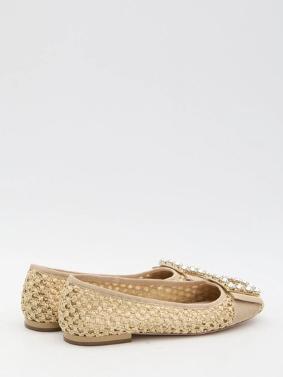 Roger Vivier Tres Vivier Raffia Strass Ballerina Flats In Beige