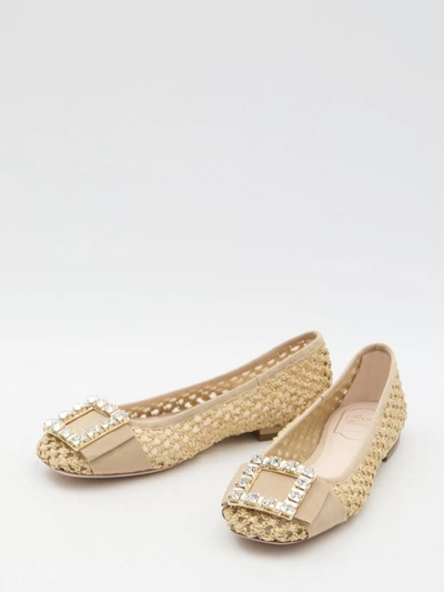 Roger Vivier Tres Vivier Raffia Strass Ballerina Flats In Beige