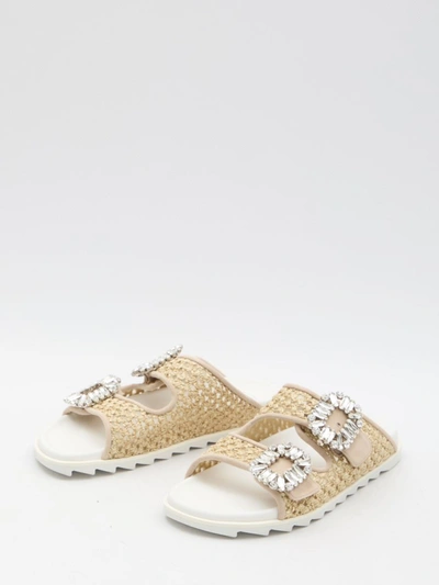 Shop Roger Vivier Viv' Strass Slide Sandals In Beige