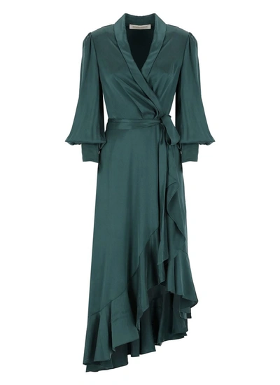 Shop Zimmermann Midi Asymmetric Green Dress With Belt In Silk Woman