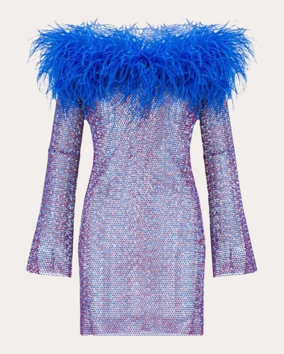 Shop Santa Brands Women's Sparkle Feathered Off-shoulder Mini Dress In Fuchsia/blue