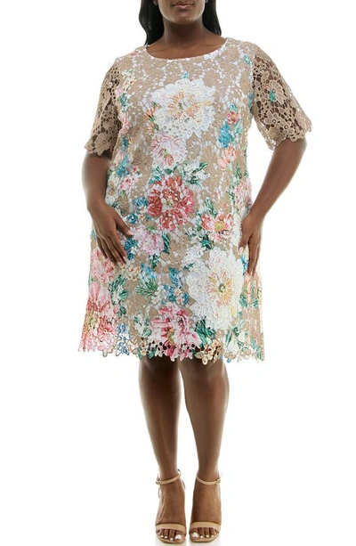 Shop Nina Leonard Elbow Length Sleeve Lace Shift Dress In Tan Multi