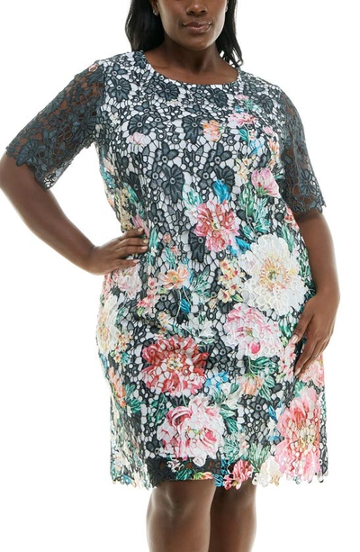 Shop Nina Leonard Elbow Length Sleeve Lace Shift Dress In Black Multi