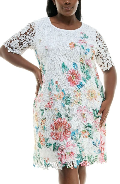 Shop Nina Leonard Elbow Length Sleeve Lace Shift Dress In White Multi