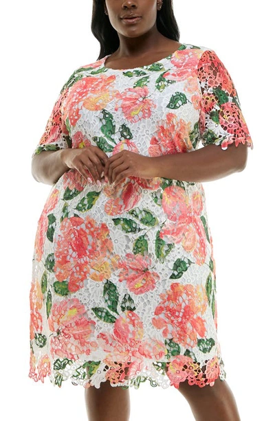Shop Nina Leonard Elbow Sleeve Lace Dress In Mango Multi
