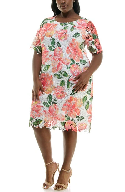 Shop Nina Leonard Elbow Sleeve Lace Dress In Mango Multi