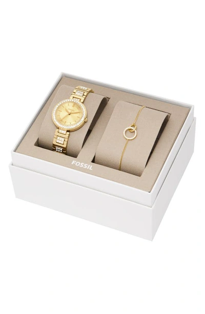 Shop Fossil Karli Cz Embellished Three-hand Quartz Bracelet Watch & Bracelet Set In Gold
