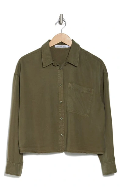 Shop Calvin Klein Jeans Est.1978 Crop Button-up Shirt In Dusty Olive