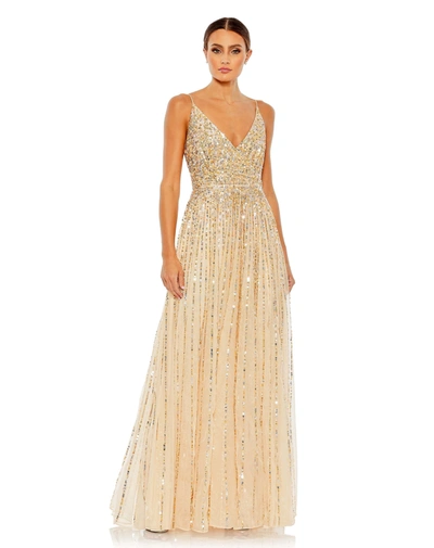 Shop Mac Duggal Sequined Sleeveless Wrap Over A Line Gown In Brown