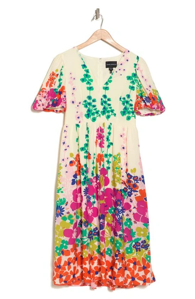 Shop Donna Morgan Floral Puff Sleeve Midi Dress In Ivory/ Hot Pink