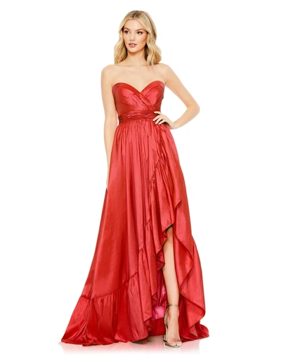 Shop Mac Duggal Asymmetrical Strapless Ruffle Gown In Red