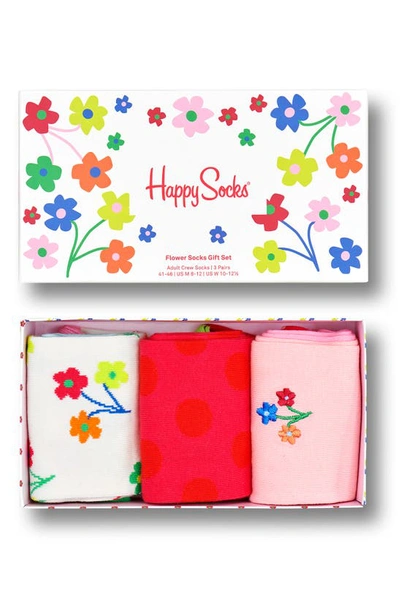 Shop Happy Socks Flower Assorted 3-pack Crew Socks Gift Set In Medium Pink