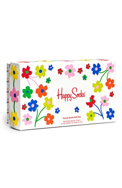 Happy Socks Flower Assorted 3-pack Crew Socks Gift Set In Medium Pink