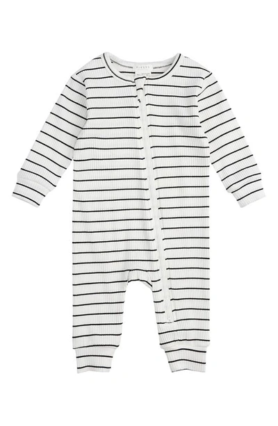 Shop Firsts By Petit Lem Stripe Organic Cotton Blend Rib Fitted Pajama Romper In Off White