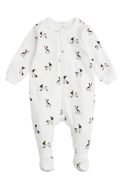 Shop Firsts By Petit Lem French Bulldog Stretch Organic Cotton Jersey Pajama Footie In Off White