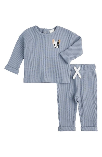 Shop Firsts By Petit Lem Frenchie Appliqué Thermal Knit Henley & Pants Set In Blue