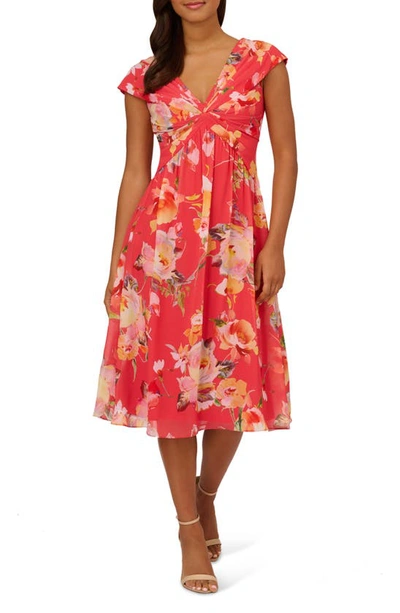 Shop Adrianna Papell Floral Twist Front Chiffon Midi Dress In Coral Multi