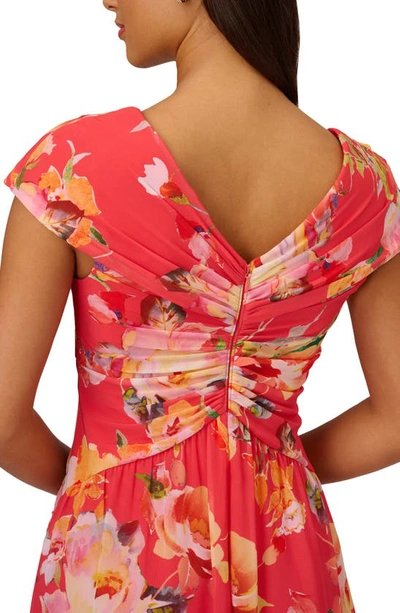 Shop Adrianna Papell Floral Twist Front Chiffon Midi Dress In Coral Multi