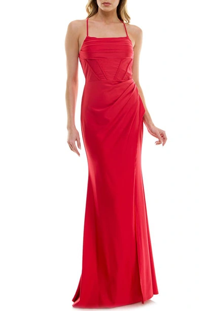 Shop Speechless Pleated Lace-up Back Sleeveless Gown In Red