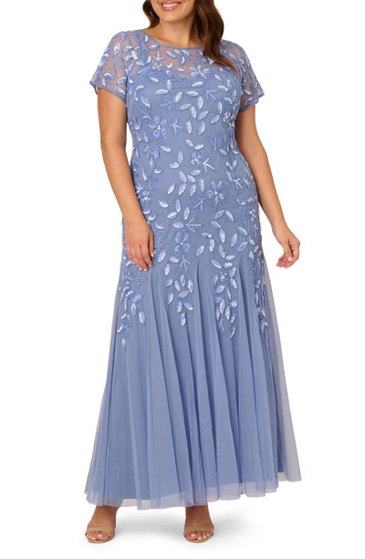 Shop Adrianna Papell Floral Embroidered Beaded Trumpet Gown In French Blue