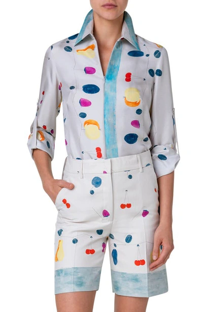 Shop Akris Fruit Print Silk Tunic Shirt In Greige-multicolor