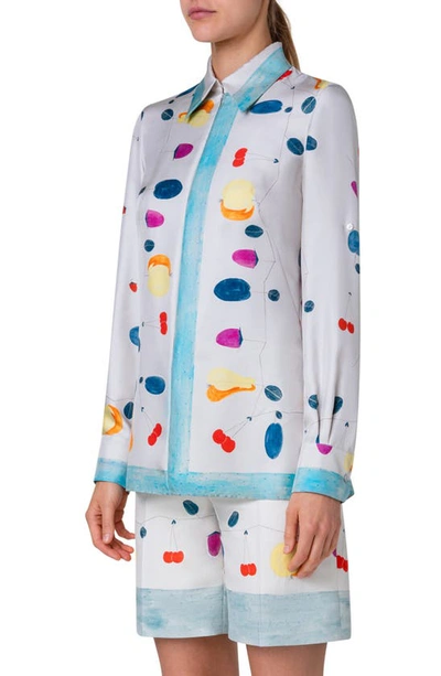 Shop Akris Fruit Print Silk Tunic Shirt In Greige-multicolor