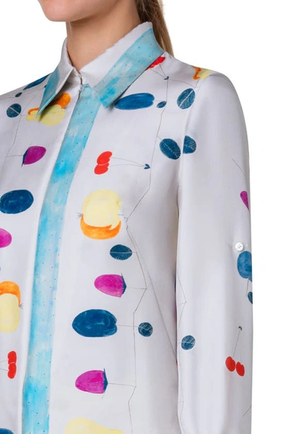 Akris Fruit-print Zip-front Silk Twill Blouse In Greige-multicolor