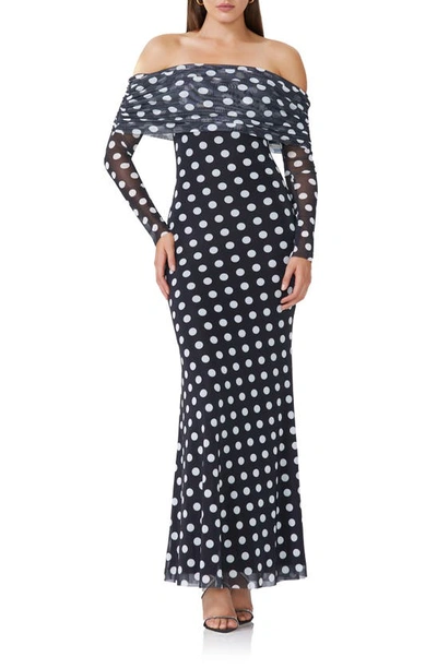 Shop Afrm Thelma Off The Shoulder Long Sleeve Maxi Dress In Diagonal Dot