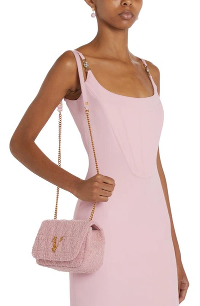 Shop Versace Virtus Quilted Virgin Wool & Mohair Blend Tweed Shoulder Bag In Pale Pink/  Gold