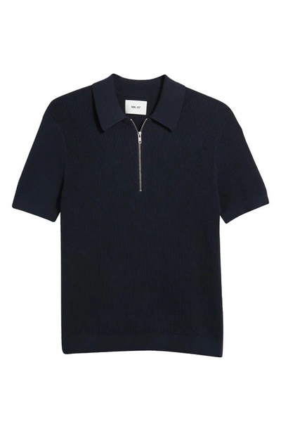 Shop Nn07 Hansie Zip Ribbed Organic Cotton Sweater Polo In Navy Blue