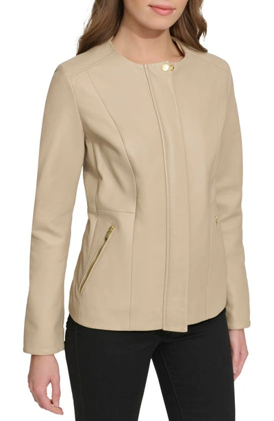 Shop Cole Haan Signature Collarless Leather Jacket In Cream Leather