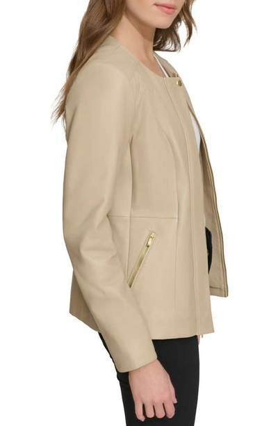 Shop Cole Haan Signature Collarless Leather Jacket In Cream Leather