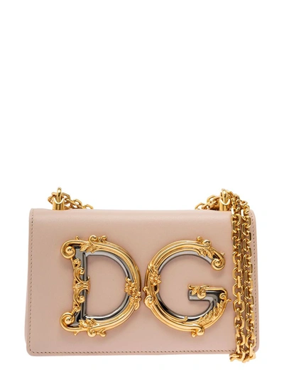 Shop Dolce & Gabbana 'barocco' Pink Crossbody Bag With Chain Shoulder Strap And Monogram Logo In Leather Woman