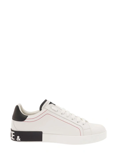 Shop Dolce & Gabbana 'portofino' White Low Top Sneakers With Patch Logo And Red Stitching In Smooth Leather Man