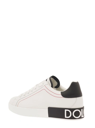 Shop Dolce & Gabbana 'portofino' White Low Top Sneakers With Patch Logo And Red Stitching In Smooth Leather Man