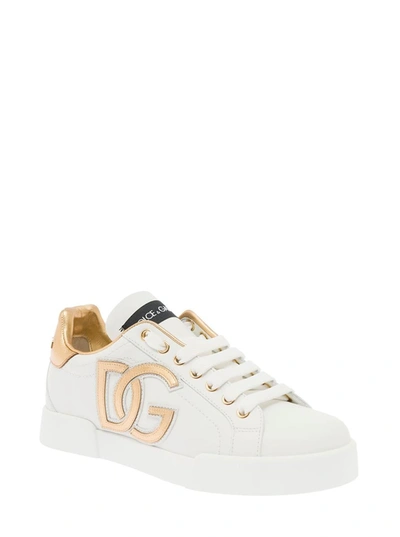 Shop Dolce & Gabbana 'portofino' White Low Top Sneakers With Metallic Inserts In Leather Woman
