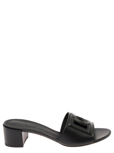 Shop Dolce & Gabbana Black Mules With Low Heel And Dg Cut-out In Smooth Leather Woman